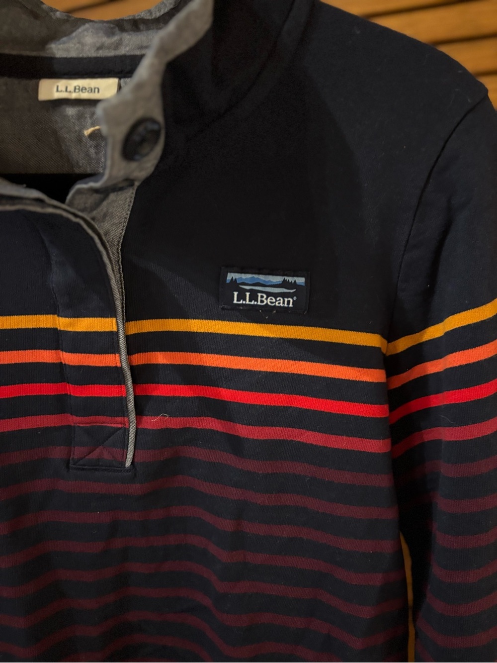 L.L.Bean Navy Rugby Shirt with Red & Yellow Stripes - Picture 2 of 5